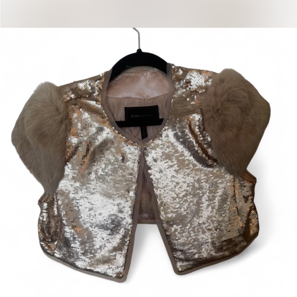 Vintage BCBGMaxAzria Rose Gold Sequin Bolero Jacket with Rabbit Fur Sleeves